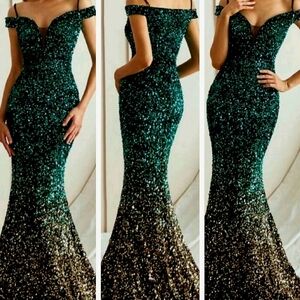 Green Colorblock Contrast Sequined, Spaghetti Strap,  Cold Shoulder Merm…